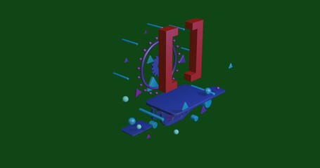 Poster - Red square brackets symbol on a pedestal of abstract geometric shapes floating in the air. Abstract concept art with flying shapes in the center. 3d illustration on green background