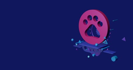 Poster - Pink pet symbol on a pedestal of abstract geometric shapes floating in the air. Abstract concept art with flying shapes on the right. 3d illustration on indigo background