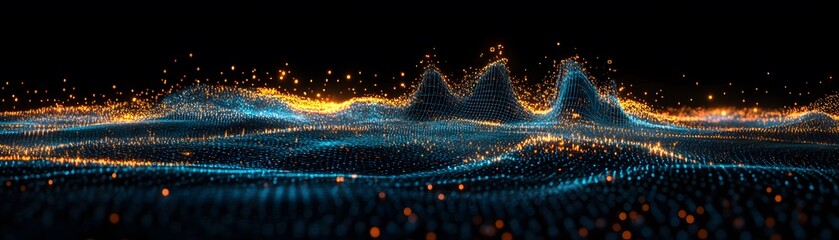 Poster - A captivating digital landscape representing sound waves with vibrant blue and orange lights, creating a mesmerizing visual effect that showcases the blend of technology and art.