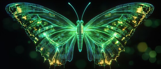 Poster - Glowing neon green butterfly wings with pixelated data transformation nature digital art dark background abstract concept