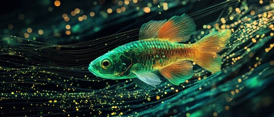 Poster - Pixelated neon green fish swimming through data streams virtual realm digital art abstract aesthetic