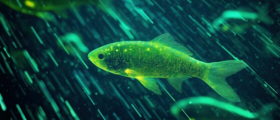 Poster - neon green fish swimming through data streams underwater environment digital art sci-fi concept