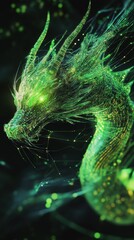 Poster - Digital art of a shimmering neon green dragon fantasy realm illustration dark environment side view