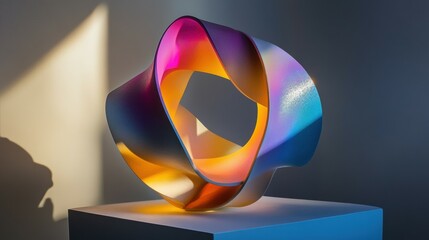 Poster - Abstract sculpture casting colorful light shadows in modern art gallery artistic atmosphere