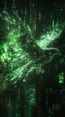 Poster - Pixelated neon green eagle in streaming data digital art cyber environment abstract viewpoint