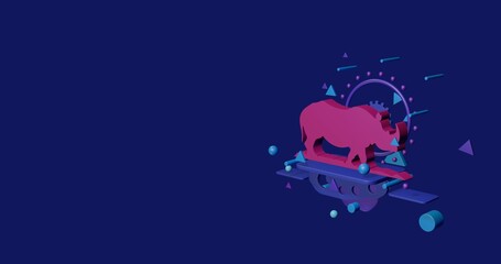 Poster - Pink wild rhino symbol on a pedestal of abstract geometric shapes floating in the air. Abstract concept art with flying shapes on the right. 3d illustration on indigo background