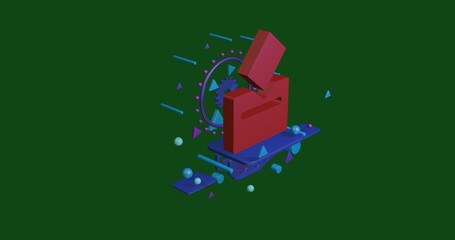 Poster - Red vote symbol on a pedestal of abstract geometric shapes floating in the air. Abstract concept art with flying shapes in the center. 3d illustration on green background