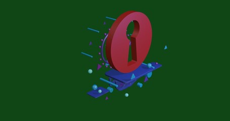 Poster - Red keyhole symbol on a pedestal of abstract geometric shapes floating in the air. Abstract concept art with flying shapes in the center. 3d illustration on green background