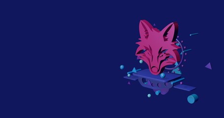 Poster - Pink fox's head symbol on a pedestal of abstract geometric shapes floating in the air. Abstract concept art with flying shapes on the right. 3d illustration on indigo background