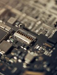 Aufkleber - Closeup, technology and computer hardware service, circuit parts or system maintenance in shop. Digital, motherboard macro and electronics to repair broken machine, it support or engineering upgrade
