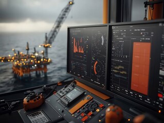 Poster - Offshore Oil and Gas Supply Chain Coordinator Overseeing Complex Logistics and on Advanced Command Center Screens with Multiple Displays Tracking Deliveries Personnel