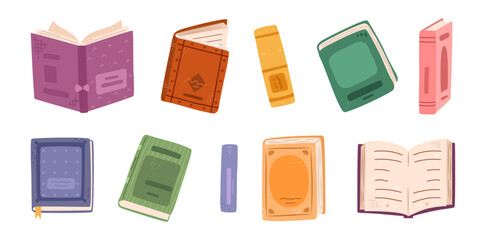 Poster - Open and closed books with empty blank covers. Vector in flat style, isolated set of library textbooks for school, education or personal growth. Literature for leisure, fiction and novels to read