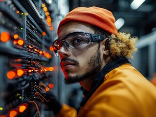 Poster - Offshore IT technicians meticulously troubleshooting and repairing complex server racks and networking hardware with a steely determination