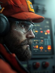 Poster - Portrait of an offshore communication technician monitoring and maintaining critical data links between an offshore oil platform and onshore control center surrounded by digital displays