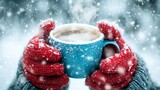 A person wearing woolen mittens and holding a steaming cup of hot chocolate outdoors in a winter setting