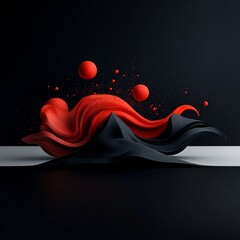 Poster - Dramatic and ominous 3D abstract mountain landscape with swirling red shapes and particles creating a powerful surreal and futuristic visual on a dark canvas backdrop with a clean white setting