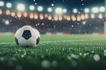 Wall Mural - Soccer ball hits net during game at dusk with blurred stadium lights in background