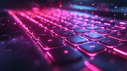 Poster - A close-up view of a glowing keyboard with pink and blue lights. The keyboard is made of metal and has a modern design. There is a glow of light in the background.