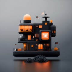 Poster - Retro futuristic modular space station with sleek architectural design floating holograms and a minimalist color palette set in a cinematic mood lighting environment