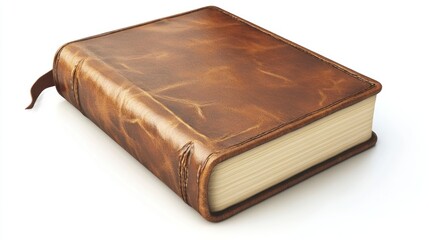 Poster - A Thick Leather Bound Book Rests On White Background