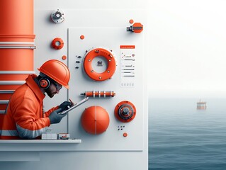 Poster - A safety inspector meticulously examines the critical systems and safety protocols of an offshore drilling rig maintaining strict vigilance to uphold industry standards and regulatory compliance