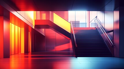 Poster - A modern staircase in a brightly lit interior with colorful reflections and sleek design.