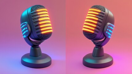 Poster - Retro Microphones Illuminated Neon Lights Studio Background