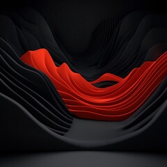 Poster - Shadowy black void with undulating crimson geometric forms shaping a surreal dreamlike mountain landscape  Bright white studio backdrop with premium 3D computer graphics rendering
