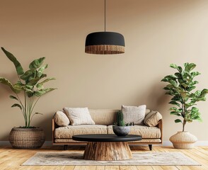Poster - 3D rendering and illustration of a modern living room interior with an empty beige wall background.