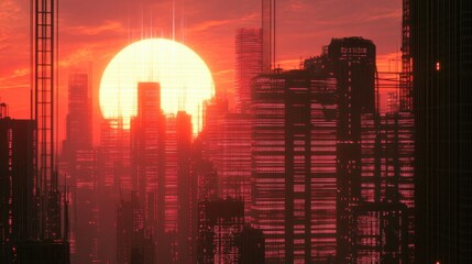 Poster - A glowing sunset illuminates urban skyscrapers, enhanced by digital graphics that symbolize progress and technological advancement