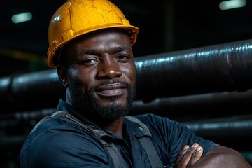 Poster - A happy African American factory worker, wearing a hard hat and work clothes, poses beside the production line.