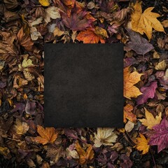 Poster - A blue podium decorated with colorful autumn leaves on a blue background is the backdrop for this mockup banner. 3D rendering and illustration.