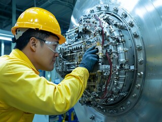 Aufkleber - A chemical plant employee, dressed in a yellow uniform and hard hat, checks the pipes and machinery at the refinery.