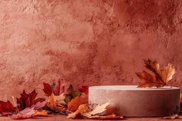 Leinwandbilder - A product podium mockup in autumn colors for product presentation. Mockup for branding and packaging.