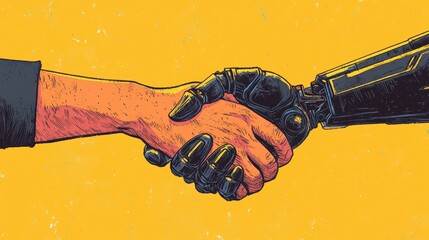 Poster - A human hand shakes with a robotic hand, symbolizing innovation and harmony between humanity and technology