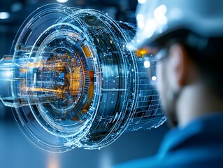 Poster - An engineer at an oil refinery plant at night, with industrial instruments and a futuristic hologram in the foreground, showcasing the Industry 4.0 concept.