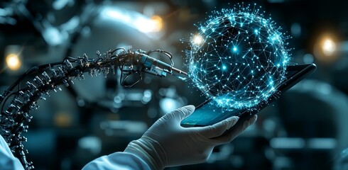 Aufkleber - Smart industrial control concept. Manager engineer's hands holding a tablet against a blurred automation machine backdrop.