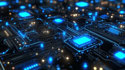 Leinwandbilder - Background with illuminated fiber optic connections, a quantum computing network system, and electronic global intelligence