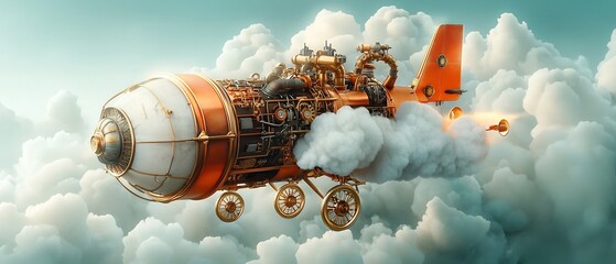 Poster - Ornate and intricate steampunk airship crafted with gleaming copper and brass mechanisms soaring through a dramatic cloudy sky backdrop with moody cinematic lighting in a digital art