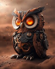 Poster - Majestic Steampunk Mechanical Owl with Intricate Brass Gears and Clockwork Mechanisms Glowing Amber Eyes Posing Majestically in a Sepia Toned Vintage Aesthetic
