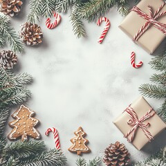 Fototapete - A white background with a 3D rendering of a Christmas decoration with a gift box and an empty mockup space.