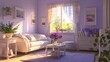 © 69 - A modern living room filled with lavender tones and warm light evokes relaxation, with elegant floral accents enhancing the space's charm