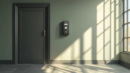 Aufkleber - An access control machine is mounted on the entry door of an office to scan fingerprints.