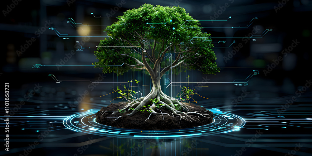 Single tree with roots illuminated by holographic data lines, showing ...
