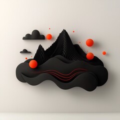 Poster - Captivating abstract landscape featuring a dreamlike mountainous silhouette emerging from an ominous dark void  accented by pulsing red orbs and dynamic flowing lines  creating a striking  futuristic