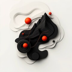 Poster - Captivating surreal digital featuring a shadowy black void with pulsing red orbs and flowing lines that shape a striking mountainous landscape set against a pristine white environment