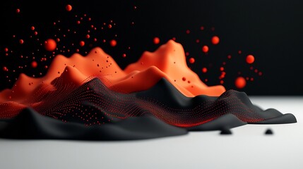 Poster - Surreal abstract 3D digital landscape rendering featuring a dark background with vibrant red geometric dots and dynamic wave like lines forming a pattern across the mountainous terrain