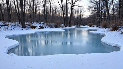 Wall Mural - Frozen pond surrounded by winter trees under a cloudy sky