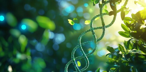 Poster - A strand of DNA emerges from the lush leaves of a plant, relating nature and biotechnology