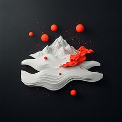 Poster - Dramatic 3D abstract mountain landscape with ominous swirling red shapes and particles on a black canvas creating a pristine and high definition digital art piece with a contemporary futuristic